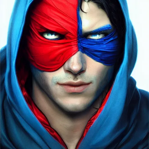 Image similar to ultra realistic illustration, man with black hair with a black mask, in blue hood, red and blue eyes, highly detailed, digital painting, artstation, concept art, smooth, sharp focus, illustration, art by artgerm and greg rutkowski and alphonse mucha