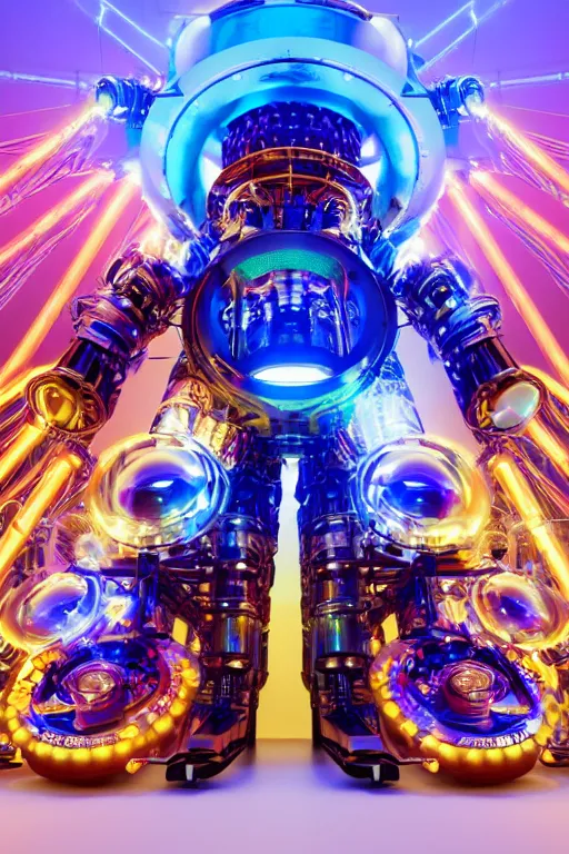 Image similar to portrait photo of a giant huge golden and blue metal futuristic steampunk robot covered with multicolored big gears and tubes, a huge steampunk drumset, eyes are glowing red lightbulbs, shiny crisp finish, 3 d render, 8 k, insaneley detailed, fluorescent colors, background is multicolored lasershow