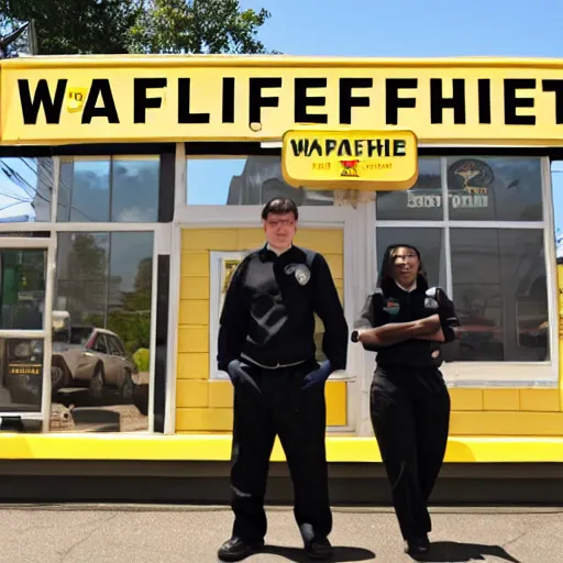 Image similar to wafflehouse employee's standing below wafflehouse sign, employees uniform is black and blue with yellow name tags