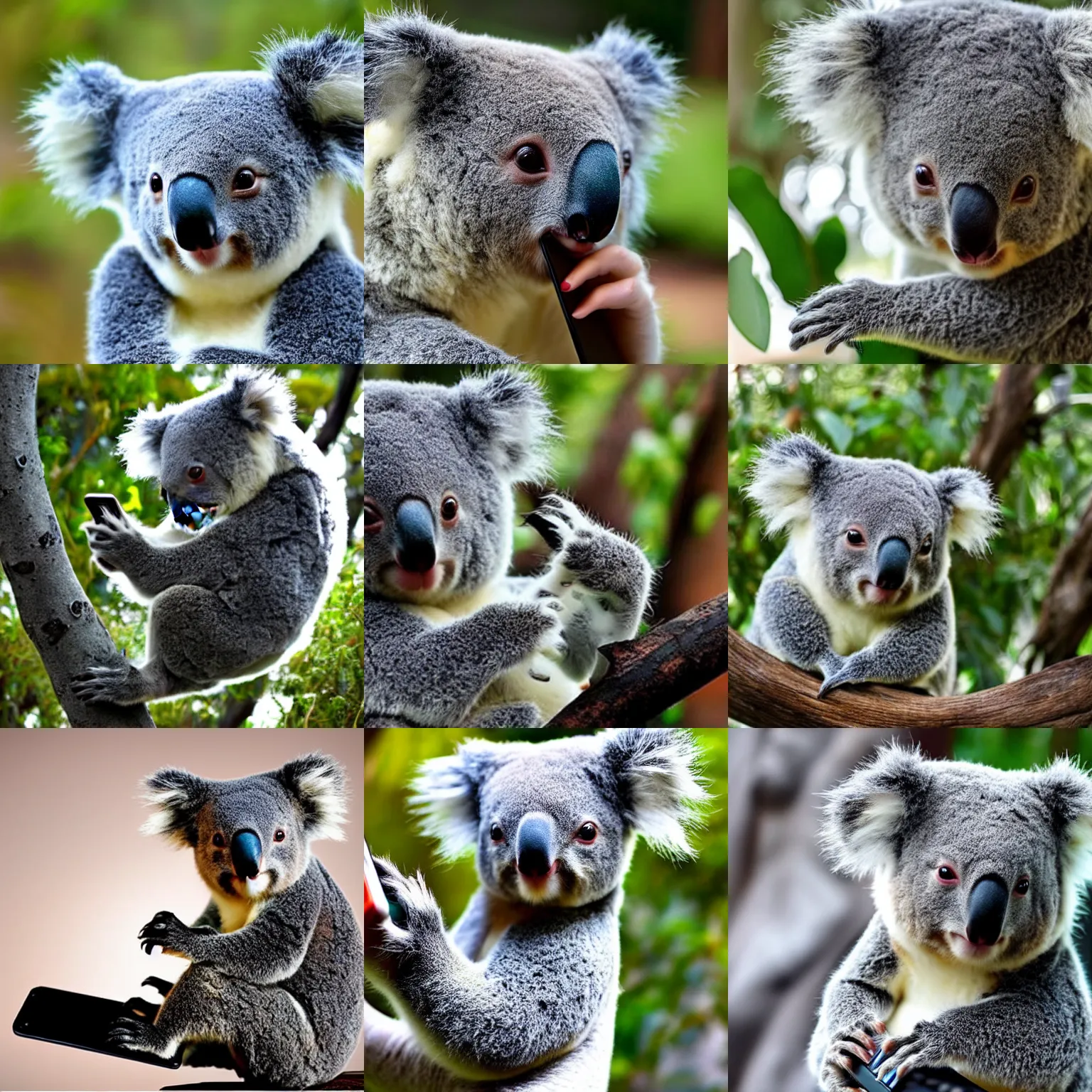 Prompt: a cute koala using mobile phone