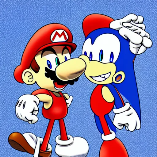 Prompt: Mario and Sonic having a staring contest by Yusuke Murata