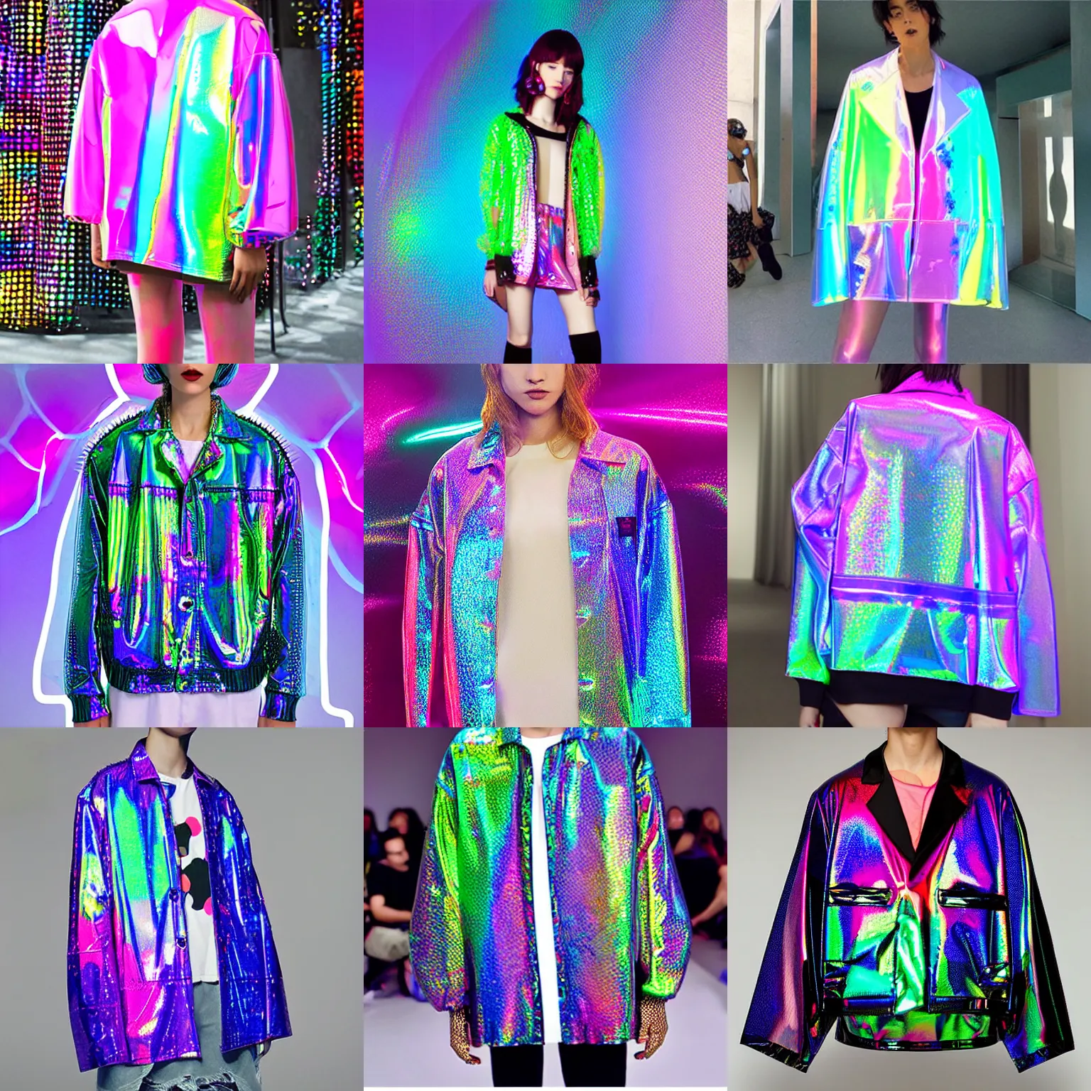 Prompt: a transparent holographic oversized jacket inspired by jawbreaker candy, vaporwave mall aesthetic, dots, netting, spikes, fashionable, trendy, colorful, high end fashion