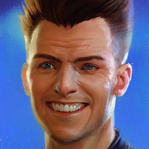 Image similar to Portrait of a man by Greg Rutkowski, he is about 30 years old, mixture between russian and turkish, quiff copper hair, attractive, uncanny smile, he is wearing a futuristic blue police outfit, highly detailed portrait, scifi, digital painting, artstation, concept art, smooth, sharp foccus ilustration, Artstation HQ