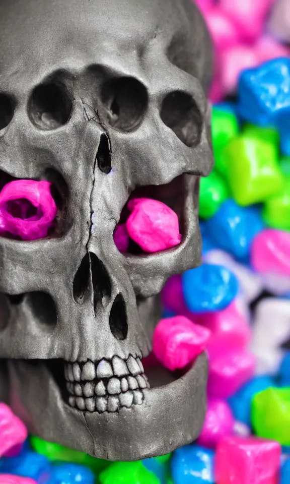 Image similar to closeup photo of a skull made out of bubble gum, 4k, highly detailed