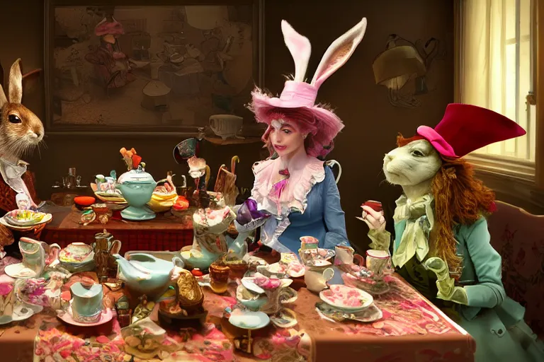 Image similar to Alice , the march hare and the mad hatter , at a long tea table , having a tea party , highly detailed, high quality, concept art, 8k, calm, trending on Artstation