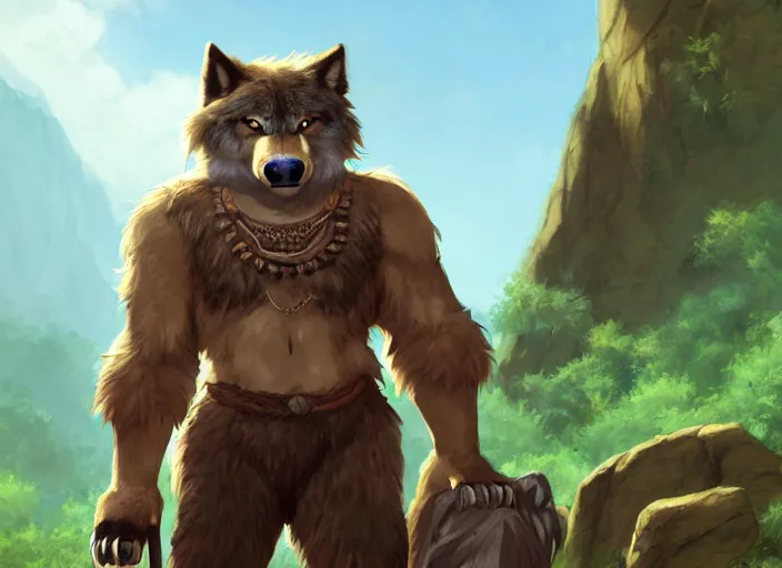 Prompt: burly tough character feature portrait of the anthro male anthropomorphic wolf fursona animal person wearing tribal primitive caveman outfit belt standing in the entrance to the cave, center framed character design stylized by charlie bowater, ross tran, artgerm, makoto shinkai, detailed, soft lighting, rendered in octane