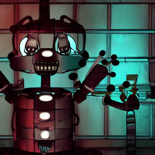 Image similar to a broken animatronic in a part of service room fnaf style digital art