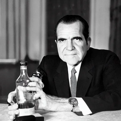 Image similar to Richard Nixon drinking out of a bottle of whiskey in the oval office, photo