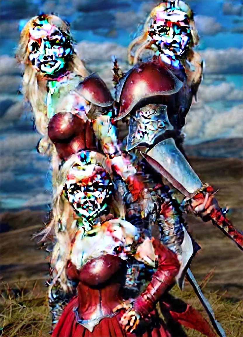 Prompt: dove cameron in a knight armor, full plate, fantasy art, photography, red lipstick, blood stains, hair in the wind, shiny armor, victorious on a hill, battle field, full body, sword pointed at sky