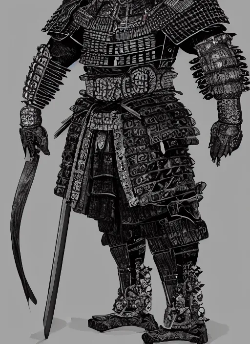 Image similar to a full body portrait of a fully armored samurai Asian black bear, intricate, elegant, highly detailed, digital painting, artstation, concept art, smooth, sharp focus, illustration