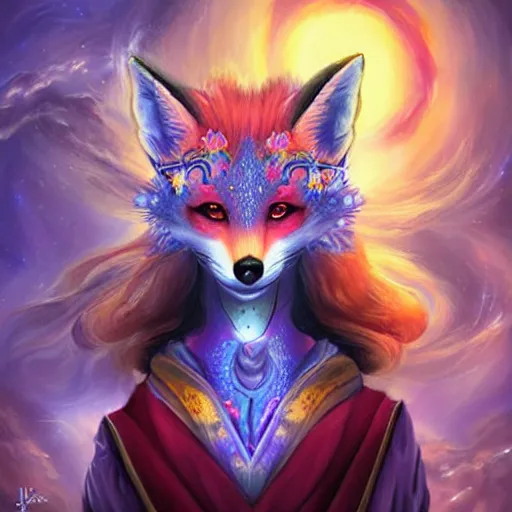 Prompt: a painted avatar portrait of an awesome cosmic powerful anthropomorphic kitsune fox mage themed around death and the stars and the cosmos, in the style of dnd beyond avatar portraits, beautiful, artistic, elegant, lens flare, magical, lens flare, nature, realism, stylized, art by jeff easley