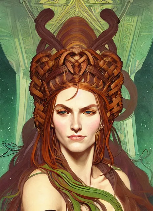 Prompt: portrait of cassandra the trojan prophetess, redgold hair, greek nose, high cheekbones, meditteranean facial features, braided brown hair, green eyes, greek chiton, high fantasy, dnd, smooth, sharp focus, illustration, by rossdraws, alphonse mucha, frank fanzzeta, collectible card art