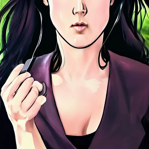 Prompt: Jennifer Connelly throwing her phone in frustration, anime artstation.