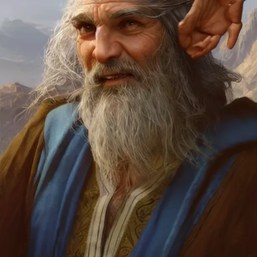 Image similar to A middle aged elf, wrinkled olive skin and a raised fist, long beard, blue robes, detailed face, highly detailed, cinematic lighting, digital art painting by greg rutkowski.