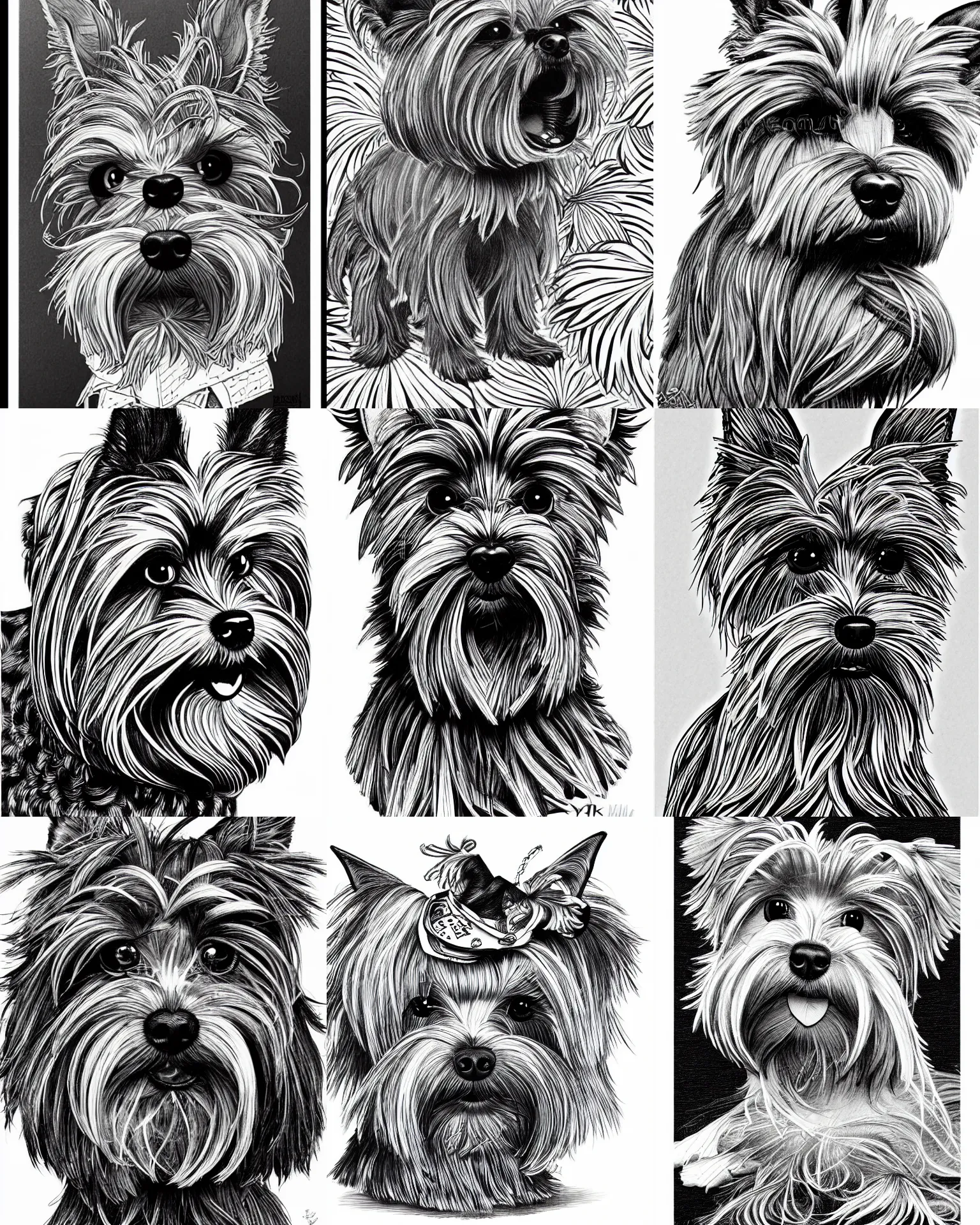 Prompt: highly detailed ink illustration of a yorkshire terrier, b & w clean shaped illustration by kim jung gi, ric estrada, ron english and eiichiro oda