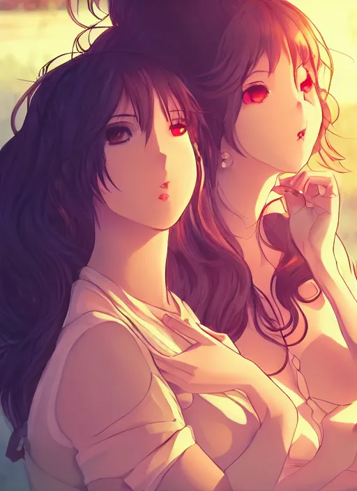 Image similar to two beautiful mothers sitting on a hot summer evening, gorgeous faces, thick lines, cinematic lighting, detailed anime art