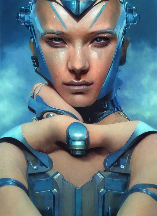 Image similar to ( ( symmetry ) ) closeup portrait of a stunning cyborg girl crying in tears, angular armor, strong cinematic light, backlit, teal orange, viscous volumetric smoke, mist, by gerald brom, by mikhail vrubel, by peter elson, muted colors, extreme detail, trending on artstation, 8 k