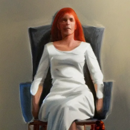 Prompt: a woman in a white dress sitting in a chair, concept art by john carpenter, volumetric lighting, photorealistic painting by jerry weiss, criterion collection