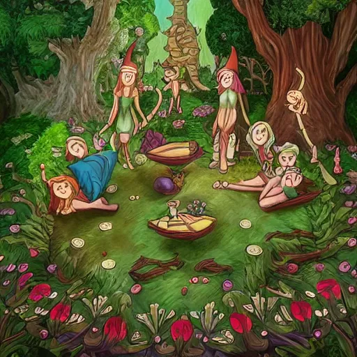 Prompt: highly detailed commune of !!!!!hedonist!!!!! (((((elves))))). the (((((elves))))) are carefree and playful. digitally painted forest scene. The (((((elves))))) each have the face of famous musician !!!!!Ed Sheeran!!!!!. pixiv, artbreeder. high quality art