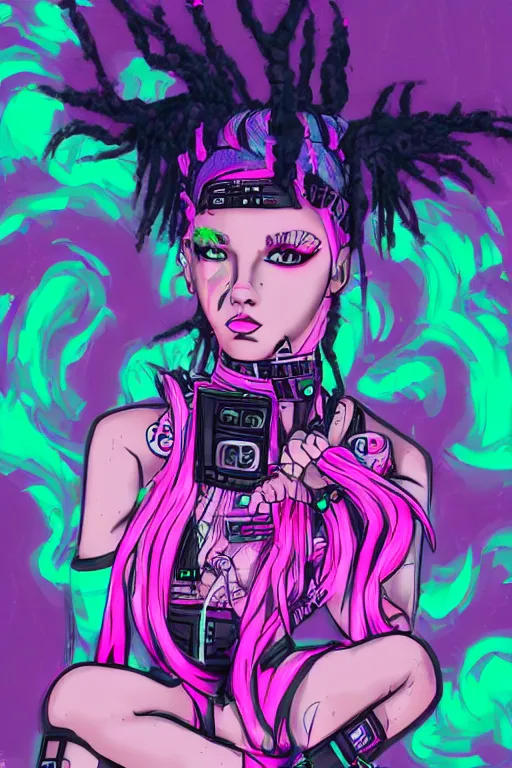 Image similar to portrait of an cybergoth girl with pink and black dreads laying on the floor of her room on ipad, by laia lopez, vaporwave colors, lo - fi colors, vaporwave, lo - fi, moody vibe, goth vibe, 4 k, hd,