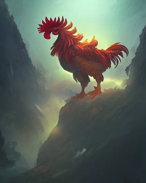 Image similar to humongous mysterious legendary rooster, frog view camera, beautiful illustration, mist, abstract, scifi, atmosphere, top lighting, focused, artstation, highly detailed, art by yuhong ding and chengwei pan and serafleur and ina wong