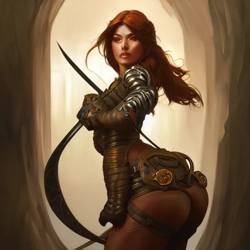 Prompt: Portrait of curvy female ranger, D&D, amber eyes, face, long hair, proportionate body, sassy, fantasy, intricate, elegant, highly detailed, digital painting, artstation, concept art, smooth, sharp focus, illustration, art by artgerm and greg rutkowski and alphonse mucha