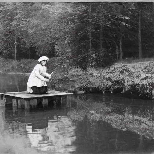 Prompt: a young edwardian woman fishing from a small wooden pier in a pond, black and white photograph