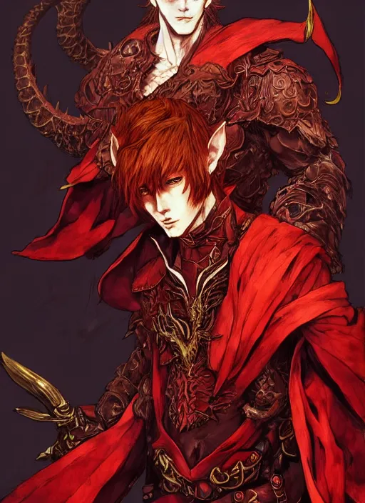 Prompt: Half body portrait of a handsome young red haired elven monk prince with dragon eyes, staff and red and golden ornate dragon robe. In style of Yoji Shinkawa and Hyung-tae Kim, trending on ArtStation, dark fantasy, great composition, concept art, highly detailed.