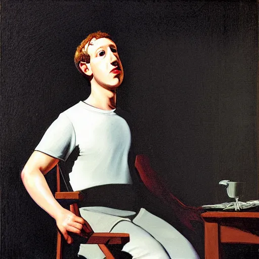 Prompt: mark zuckerberg alone sitting on a chair in the dark, paint by caravaggio, chiaroscuro