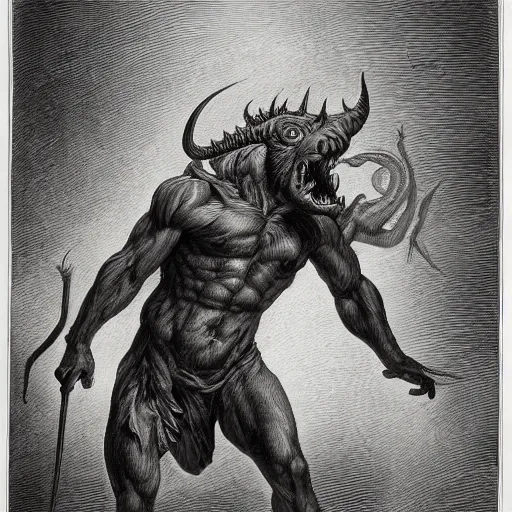 Image similar to full body grayscale drawing by Gustave Dore of muscled horned humanoid beast, swirling flames