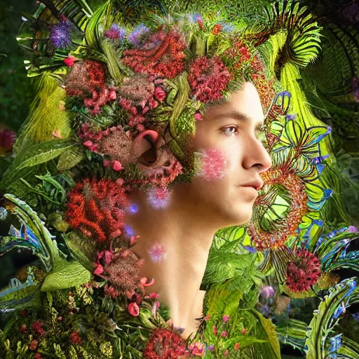 Image similar to a male knight, stern face, clear eyes, shining armour made of steel and flowers, and fractal flowery hair in a fractal garden, glowing delicate flower, berries and ferns that grow in a dark fantasy forest, full frame,