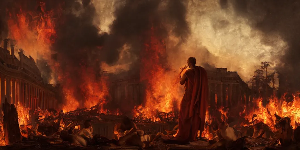 Image similar to Painting of Emperor Nero watching the great fire of rome, abstract, realism, 8k, detailed, terror, octane render, 3d render, complex emotion, glow