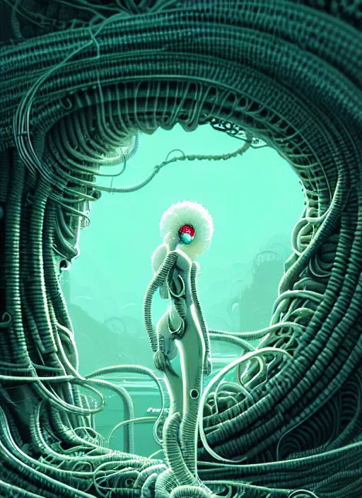 Image similar to highly detailed portrait of a biopunk long curly white hair tribal lady, stray wiring by atey ghailan, james gilleard, by joe fenton, by greg rutkowski, by greg tocchini, by kaethe butcher, 4 k resolution, gradient green, black and white color scheme!!! ( ( irradiated robotic spiral rocky landscape background ) )