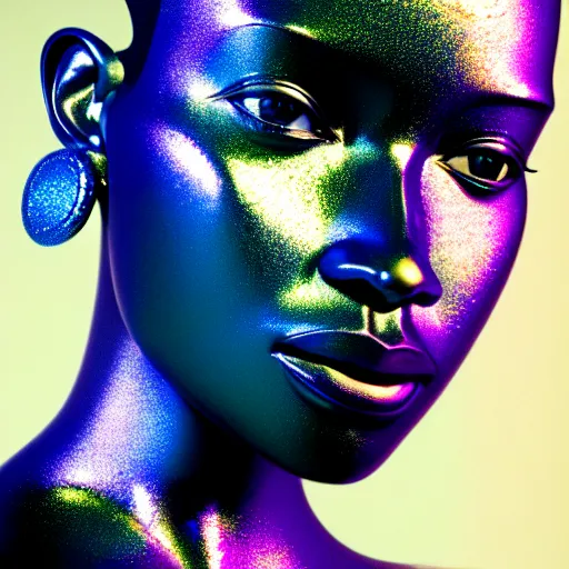 Image similar to portrait of metallic robot face, african woman, iridescent colors, smooth reflections, proud looking away, outdoor, blue sky, 8 k, realistic, depth of field, highly detailed, award winning photography, by richard mosse