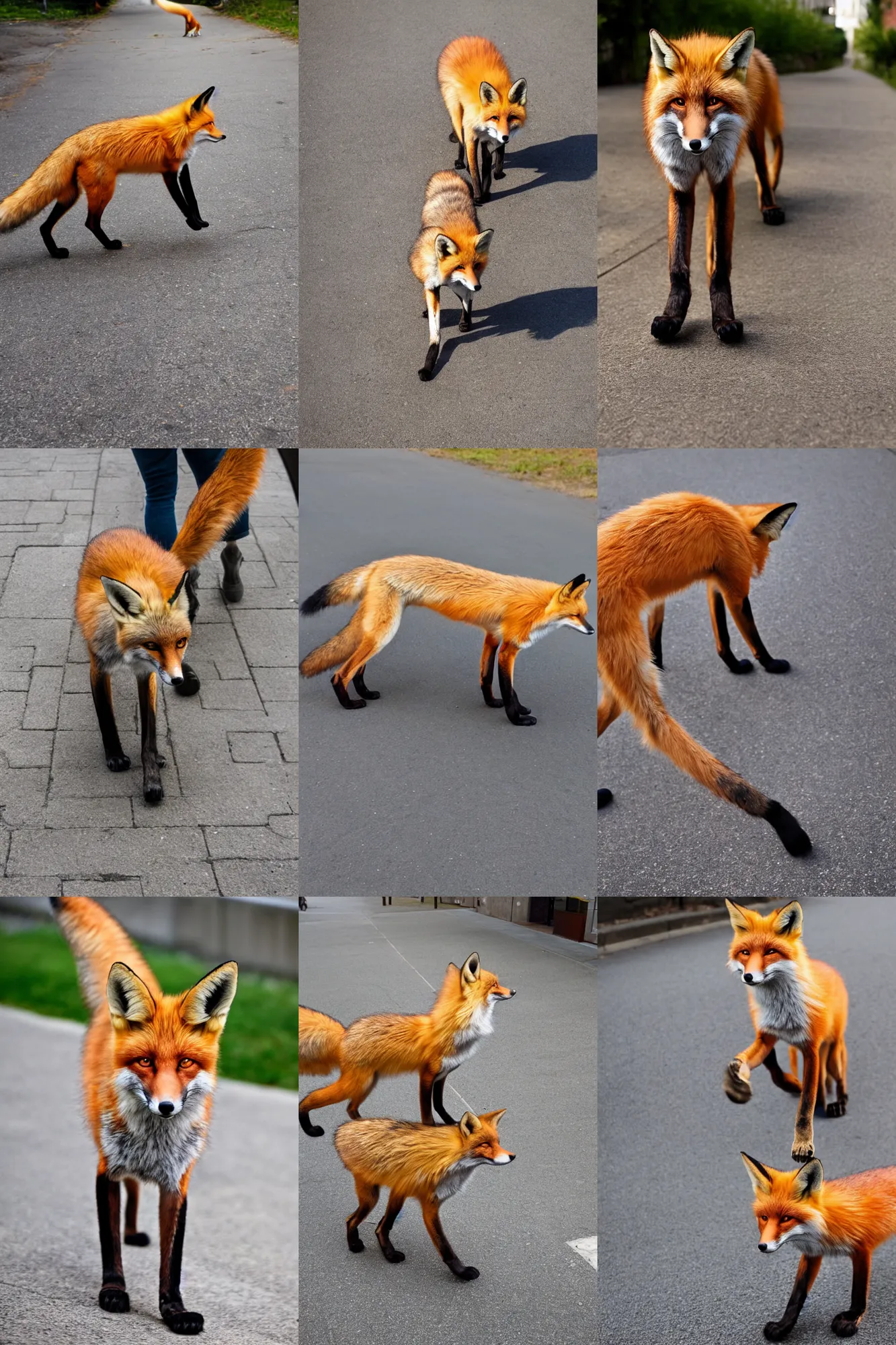 Prompt: anthro digitigrade natural - colored fox person with black paws, walking down the sidewalk