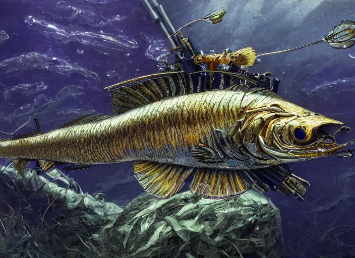 Image similar to macro closeup robotic pike fish, glowing veins, subsurface scattering, underwater, boston dynamics, by gerald brom, by mikhail vrubel, by peter elson, muted colors, extreme detail, trending on artstation, 8 k