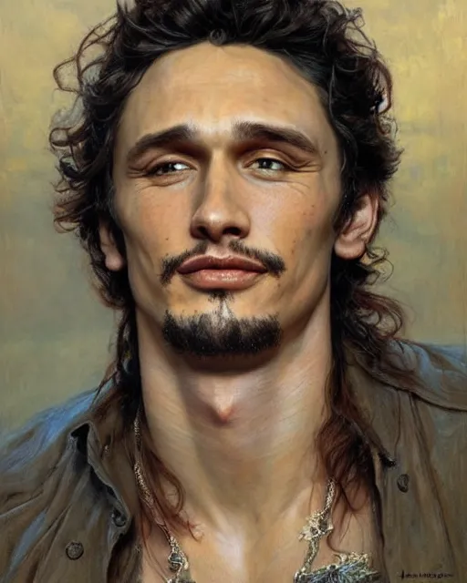 Image similar to beautiful realistic artistic detailed portrai of james franco by gaston bussiere, donato giancola