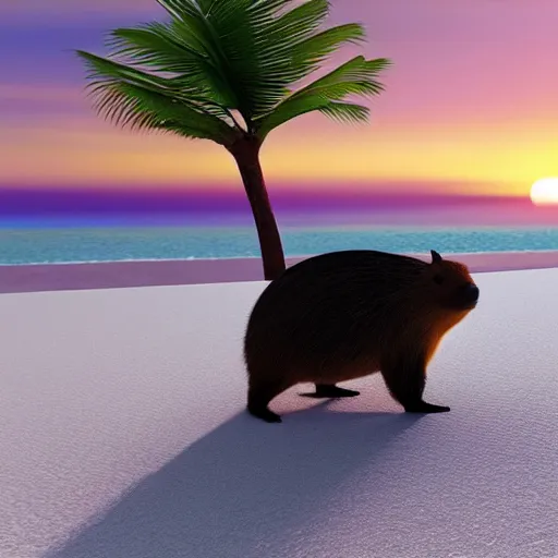 Image similar to “two best friend capybara and bunny with black spots on face and nose, on a beach with blue water and white sand, swaying palms, photorealistic render, colorful sunset, unreal engine 5, dynamic lighting, trending on artstation,”