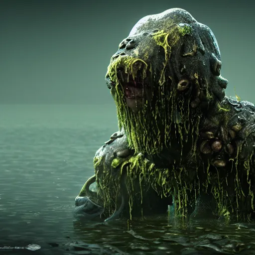 Image similar to a creepy monster blob, slimy tongue, saliva, translucent skin, standing in shallow water, covered in seaweed, drowned, unsettling, creepy, artstation, cgsociety, insanely detailed octane render, 8k artistic photography, photorealistic