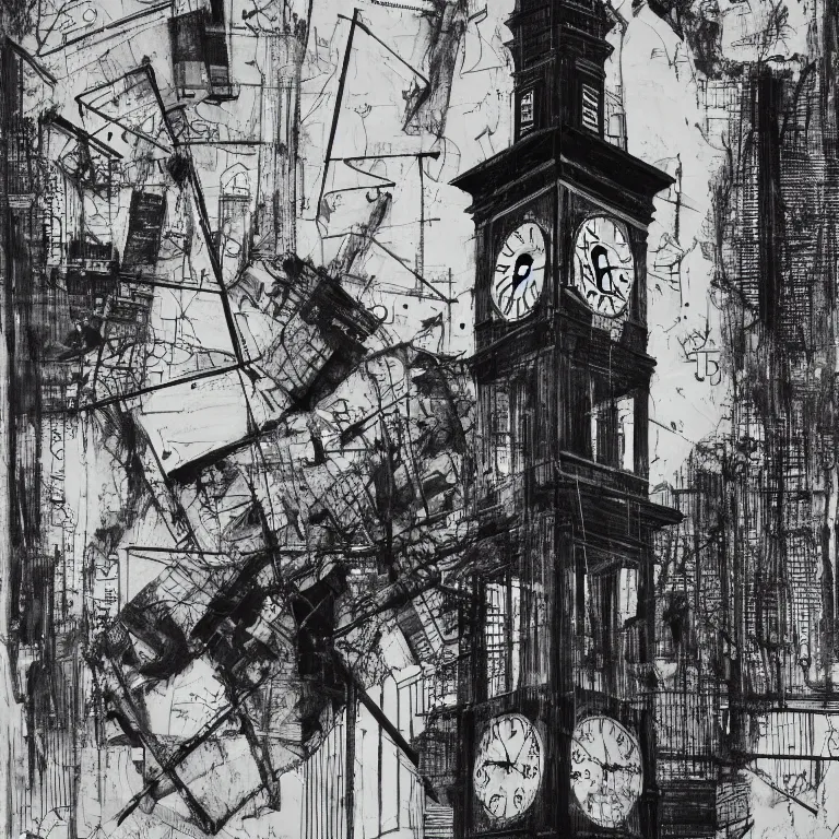 Image similar to a black and white drawing of a clock tower, a screenprint by robert rauschenberg, behance contest winner, deconstructivism, da vinci, constructivism, greeble