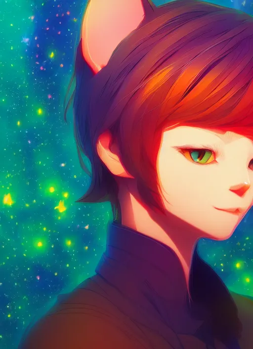 Image similar to ⁠portrait of a cat, cosmic background, rich vivid colors, ambient lighting, dynamic lighting, 4k, HQ, official media, anime key visual, makoto shinkai, ilya kuvshinov, lois van baarle, rossdraws, detailed, trending on artstation