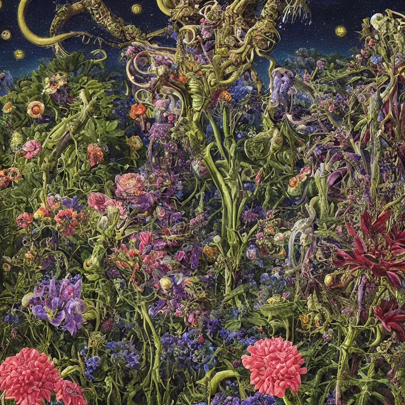 Image similar to close - up view of alien plants and flowers in a garden at night. decorated with foliage, faberge, and filigree. pulp sci - fi art for omni magazine. cosmic. baroque period, oil on canvas. renaissance masterpiece, by r. s. connett. highly detailed digital art