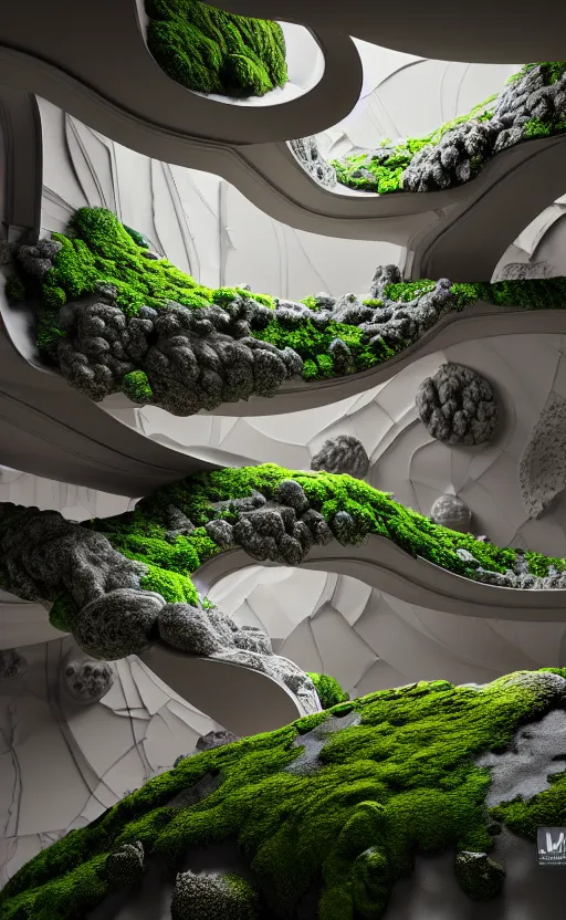 Image similar to highly detailed ultra sharp 3 d render villa interior cinematic composition of a smooth ceramic porcelain biomorphic magnolia stone nebula fluid fractal sci - fi surreal architecture landscape, granite, metallic, magnesium, marble, moss and lichen, vincent callebaut composition, mamou - mani, archviz, beautiful lighting, 8 k, unreal engine, hdr,