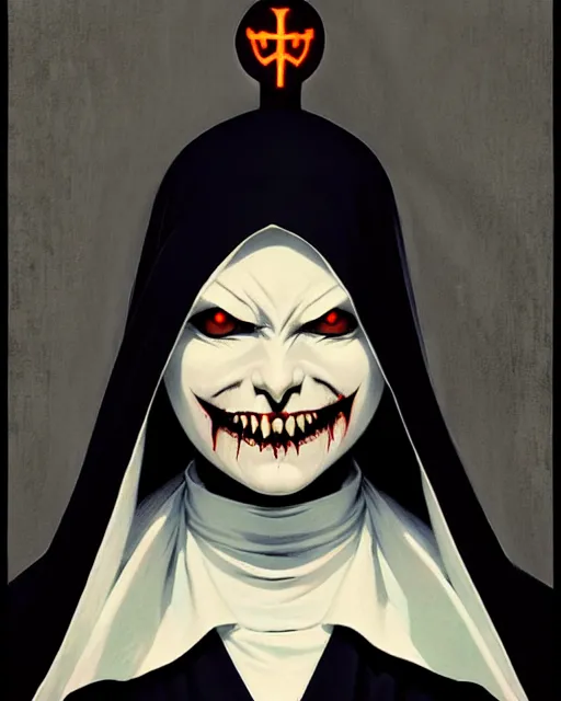 Image similar to scary female vampire nun, symmetrical face, evil grin, nun outfit, portrait size, cinematic, dramatic, super detailed and intricate, by koson ohara, by darwyn cooke, by greg rutkowski, by satoshi kon