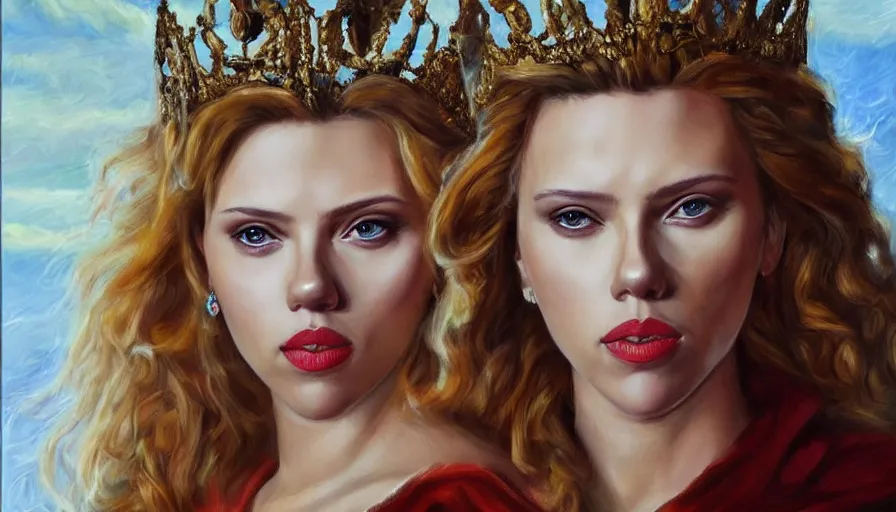 Image similar to scarlett johansson as a stately queen, fantasy, oil painting, concept art