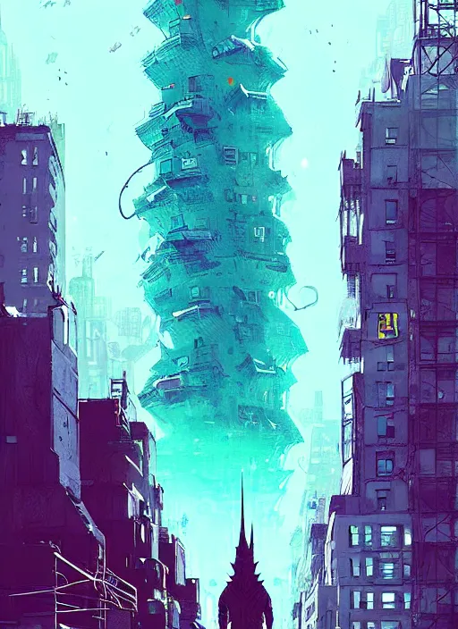 Image similar to kaiju in new york, blue building in the background, art by ismail inceoglu