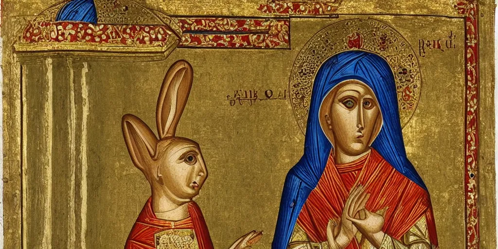 Image similar to byzantine art of a rabbit wearing a crown