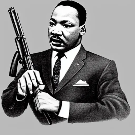 Image similar to martin luther king jr holding a rifle, photorealistic