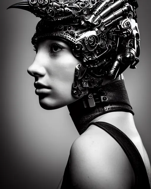 Image similar to a profile portrait, a stunning young woman - cyborg with a mutant crow head, editorial photography, bw, shot on 7 0 mm, depth of field, f / 2. 8, high contrast, 1 6 k, volumetric lighting, shiny, insanely detailed and intricate, hypermaximalist, elegant, ornate, hyper realistic, super detailed