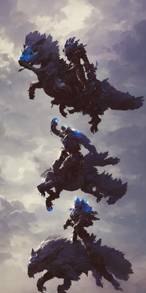 Image similar to Azure armored knight riding a wolf mount, Moebius, Greg Rutkowski, Zabrocki, Karlkka, Jayison Devadas, Phuoc Quan, trending on Artstation, 8K, ultra wide angle, zenith view, pincushion lens effect.